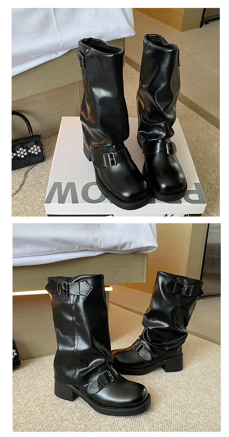 Stivali con fibbia a cintura e plissettati in pile per donna 2023 nuovi stivali retrò con tacco spesso e plateau a metà polpaccio stivali da sigaretta alla moda di strada_voghion.com