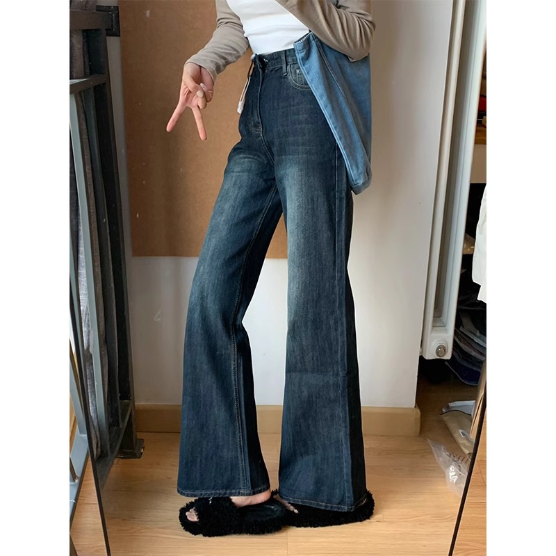 plus size High Waist Retro fleece-lined Jeans Women's Winter chubby girl Straight No-leg Micro-flared Pants Loose Wide-leg Pants