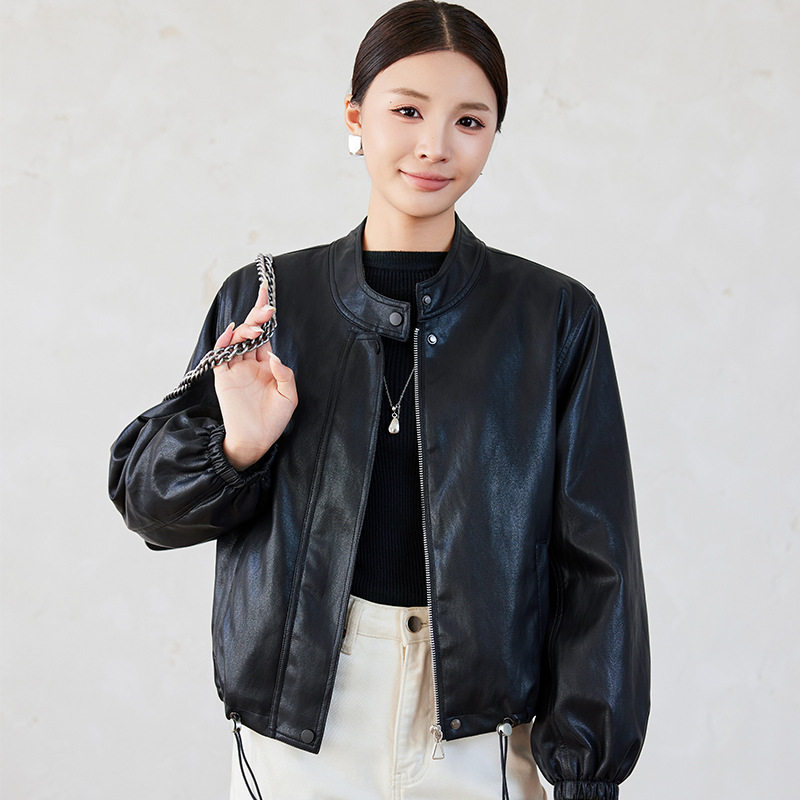 Áo khoác da nữ ngắn cổ đứng lót lông dày dặn — Cà phê đỏ với fleece dày, Màu đen Fleece dày chi tiết 5