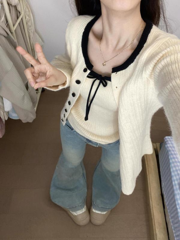 韩系针织开衫配吊带女早秋季新款软糯毛衣外套外搭上衣氛围感穿搭|undefined