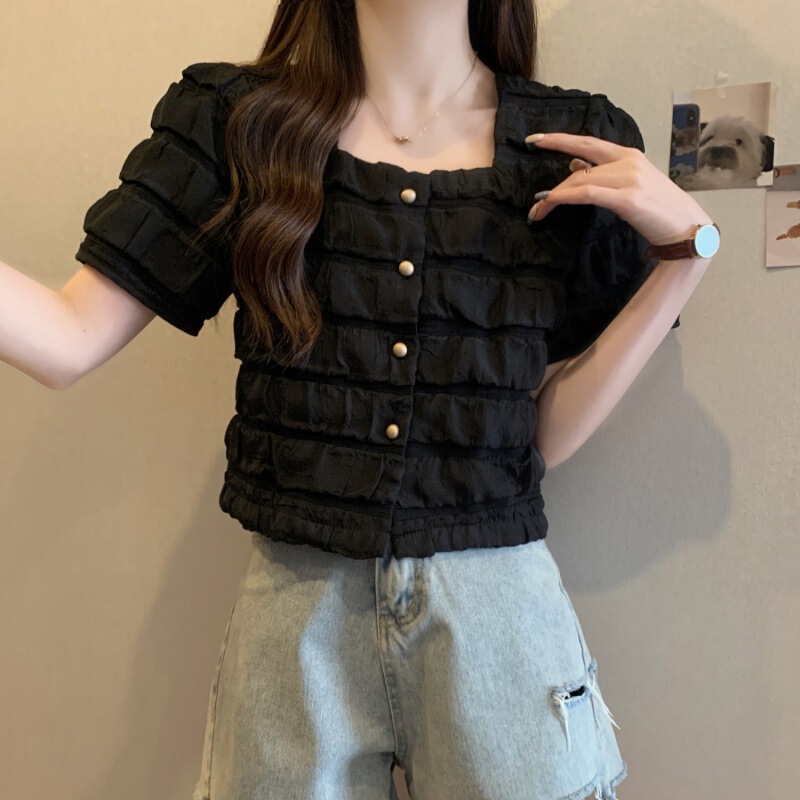 Plus-Size Women's Textured Square-Neck Top, New Summer French-Style Puff Sleeve Patchwork Single-Breasted Versatile T-Shirt That Hides the Body Shape Plus-Size Women's Textured Square-Neck Top, New Summer French-Style Puff Sleeve Patchwork Single-Breasted Versatile T-Shirt That Hides the Body Shape