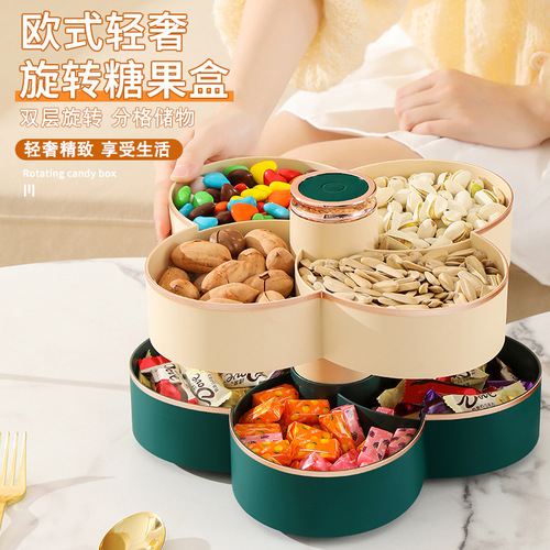 Light luxury rotating fruit plate wedding double-layer compartment candy snack plate living room dried fruit box with toothpick fruit plate
