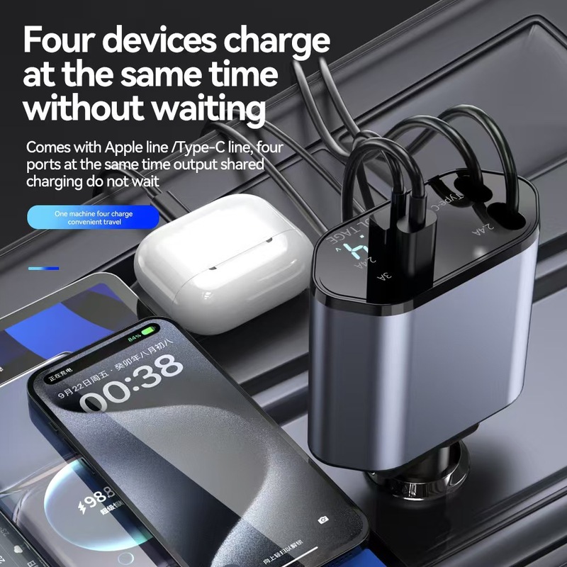 Car Mobile Phone Charger Super Fast Charging Cigarette Lighter Conversion Plug Car Charger Retractable Cable Aluminum Alloy Car Supplies