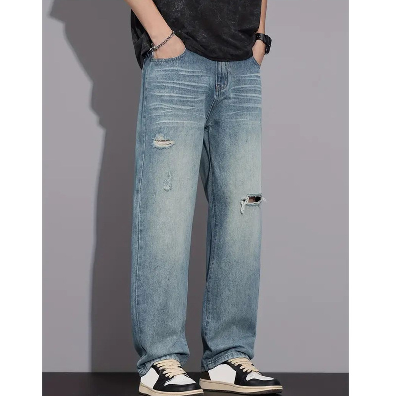Cross-Border Men's Vintage-Style Ripped Straight-Leg Jeans - Loose Fit Light Blue with Distressed Details Cross-Border Men's Vintage-Style Ripped Straight-Leg Jeans - Loose Fit Light Blue with Distressed Details