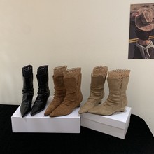 2025新款秋冬绒面坡高跟蕾丝低筒瘦瘦时装女马丁女短靴