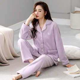 珊瑚绒睡衣女秋冬款2023新款加厚开衫法兰绒可外穿卡通家居服套装