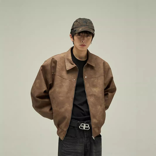 Tailor's Shop Maillard American Retro Brown Leather Jacket Men's Trend Relaxed Spring and Autumn Style Jacket Cotton Coat Trend