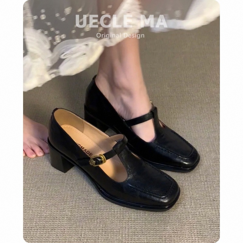 牛皮版~复古玛丽珍鞋中高跟不累脚粗跟法式单鞋女绝美方头小皮鞋|undefined