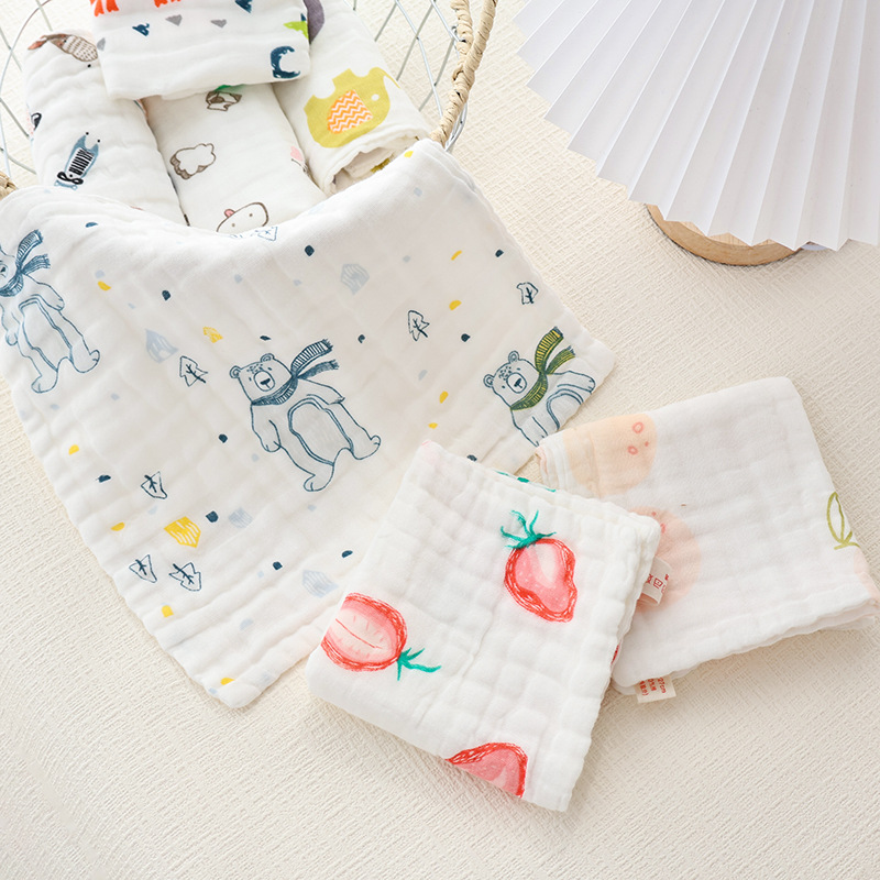 Cross-Border Infant Gauze Saliva Towel Six-Layer Pure Cotton Square Towel Class a Printed Children's Face Towel with Cartoon Patterns