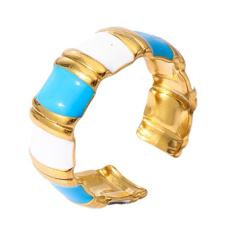 12g Weight Open Rings Classification Adjustable Ring Size 1 Piece Quantity Holiday, Daily Occasion 304 Stainless Steel Material Stripe, Flower Pattern Unisex Gender Enamel Design Retro, Sweet Style Wholesale Jewelry Retro Sweet Stripe Flower 304 Stainless Steel Enamel Open Rings 5