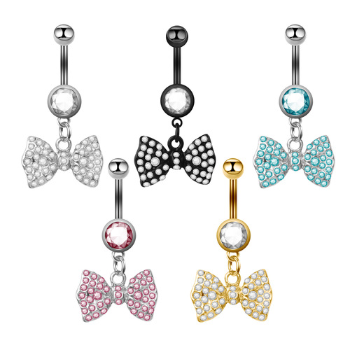 E-commerce Fashion Stainless Steel Bow Navel Piercing with Diamond-Encrusted Pendant Navel Ring – European & American Style Body Jewelry