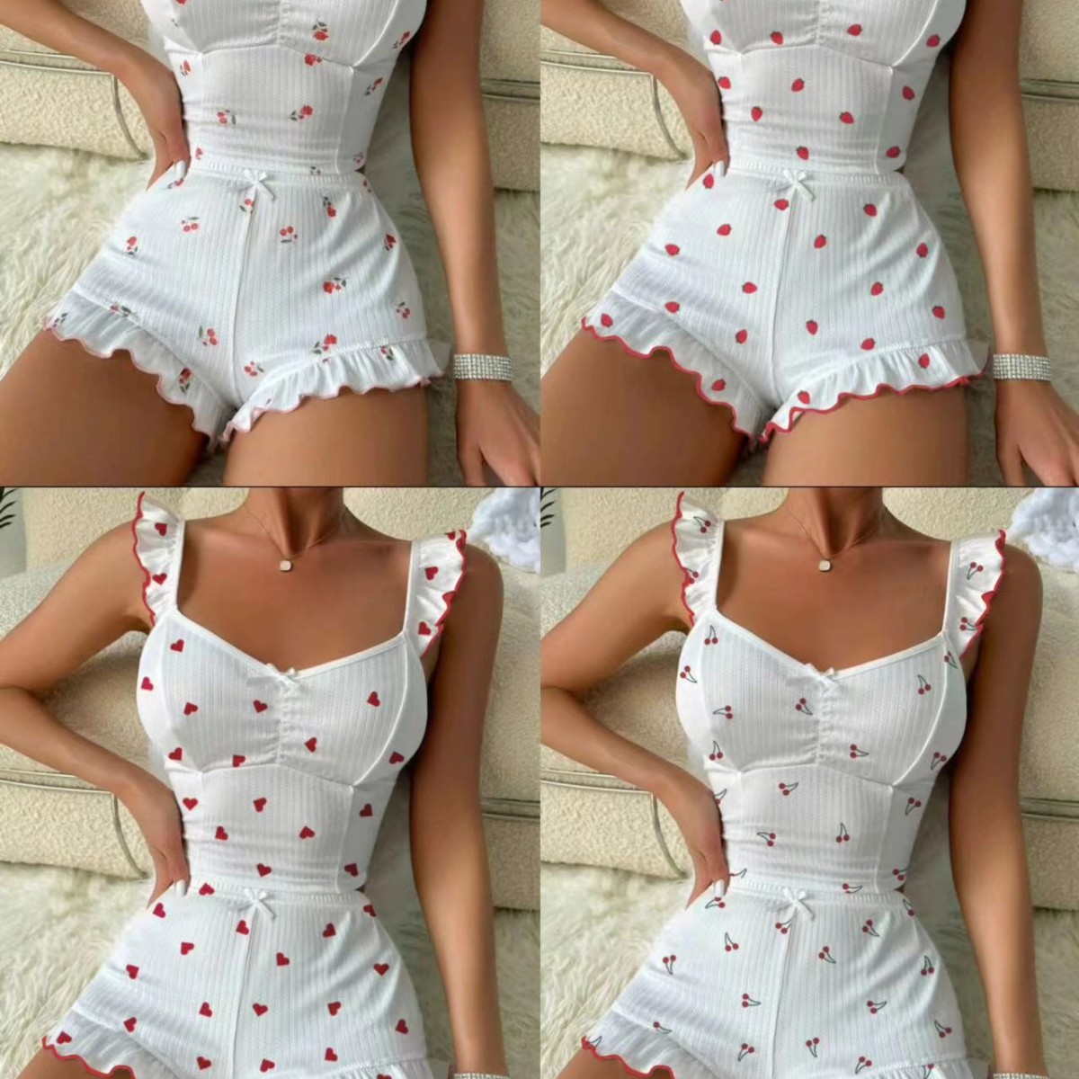 外貿吊帶短褲性感荷葉邊多色愛心印花舒適休閒家居服兩件套裝
