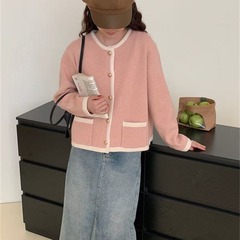 拼色包边小香风毛衣开衫女春秋新款韩系减龄小金扣短款针织外套潮