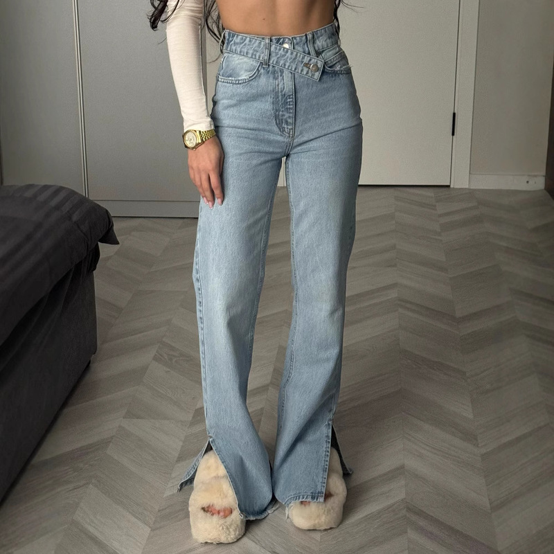 European and American Style Irregular Waistband Design Denim Casual Pants for Women, Elastic Waistband, Slit at the Hem, High-End Wide-Leg Pants for Women European and American Style Irregular Waistband Design Denim Casual Pants for Women, Elastic Waistband, Slit at the Hem, High-End Wide-Leg Pants for Women
