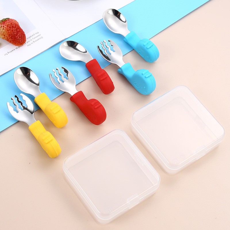 Cuchara DE LOS NIÑOS Tenedor 316 Acero inoxidable cuchara Tenedor vajilla traje de almacenamiento bebé aprendiendo a comer dibujos animados lindo mango corto