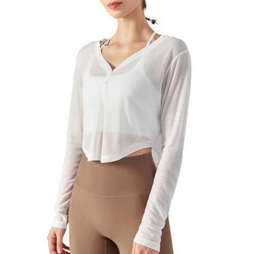 Ningbo Anjiu V-neck button yoga cover-up T-shirt women's summer thin and loose sports top running fitness wear