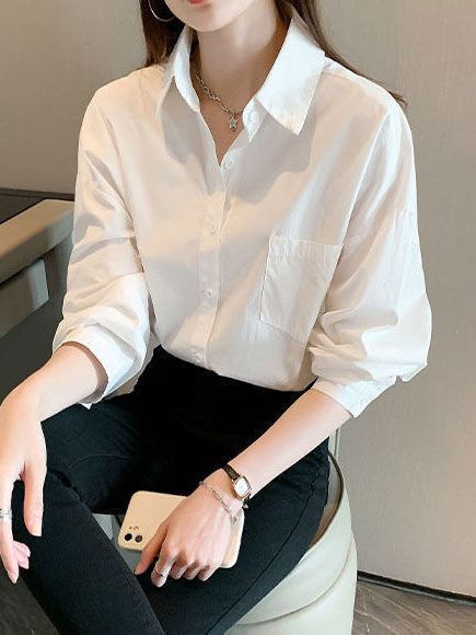 ポロカラー長袖白シャツレディース秋新作韓国風ゆったり万能カジュアル気質カーディガントップアウター|undefined