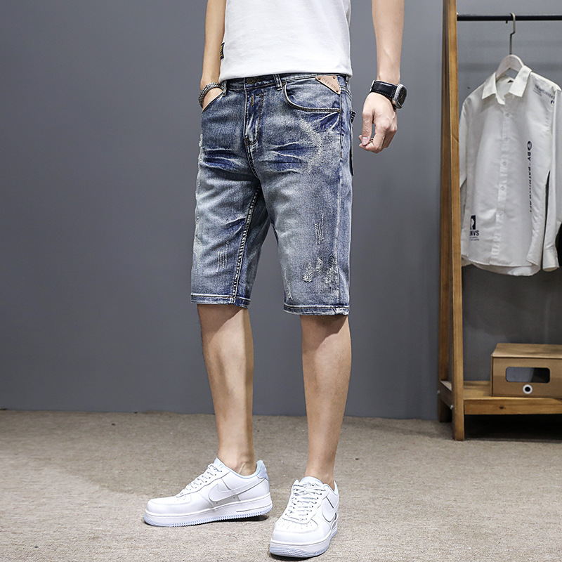 summer Thin section Chaopai cowboy shorts Elastic force Self cultivation High-end men's wear Scratch Five point pants Trend Versatile Korean Edition