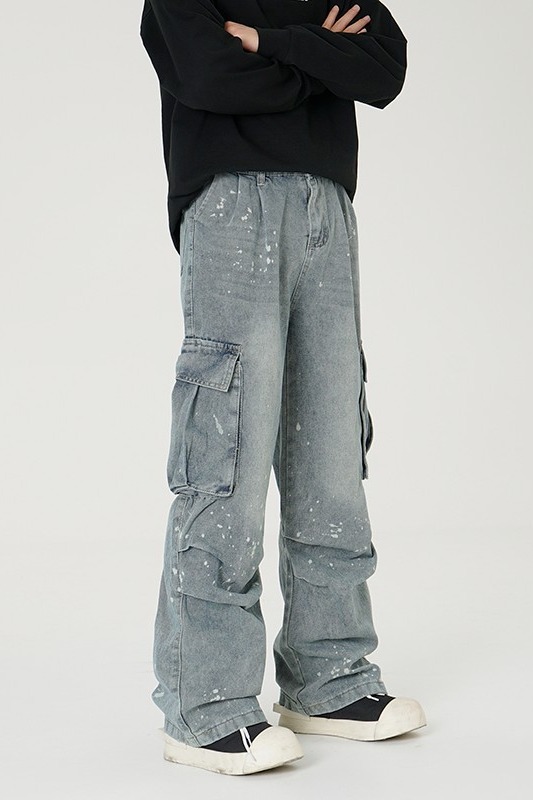 Vintage Cargo Jeans für Herren – Distressed Multi-Pocket Streetwear Hose mit Farbspritzern & Oversized Fit (S-XXXL) – Grunge Revival Essential_voghion.com