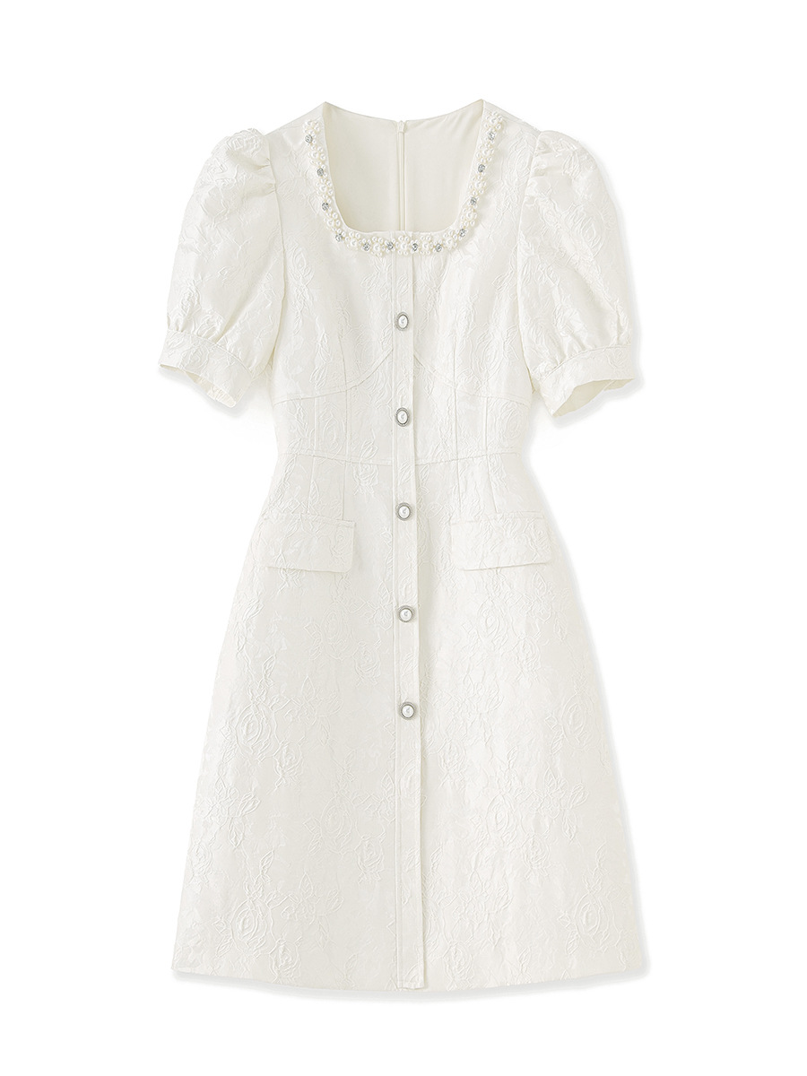 Váy liền tay phồng cổ vuông jacquard nổi họa tiết ngọc trai phong cách tiểu thư — Màu be