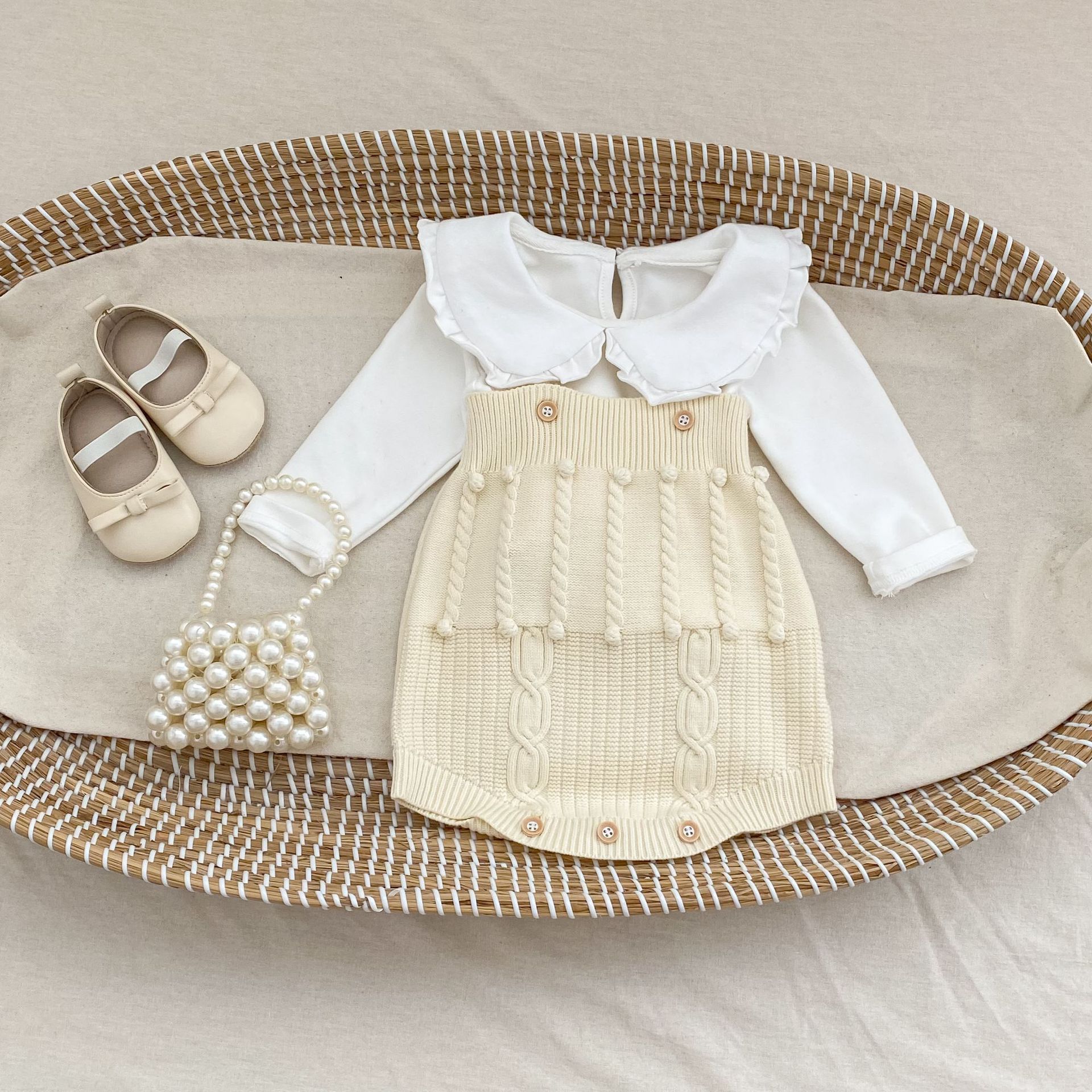 Infant Women's Sweater Hand-hook Bubble Ball Knitted Romper And Coat Two-piece Set