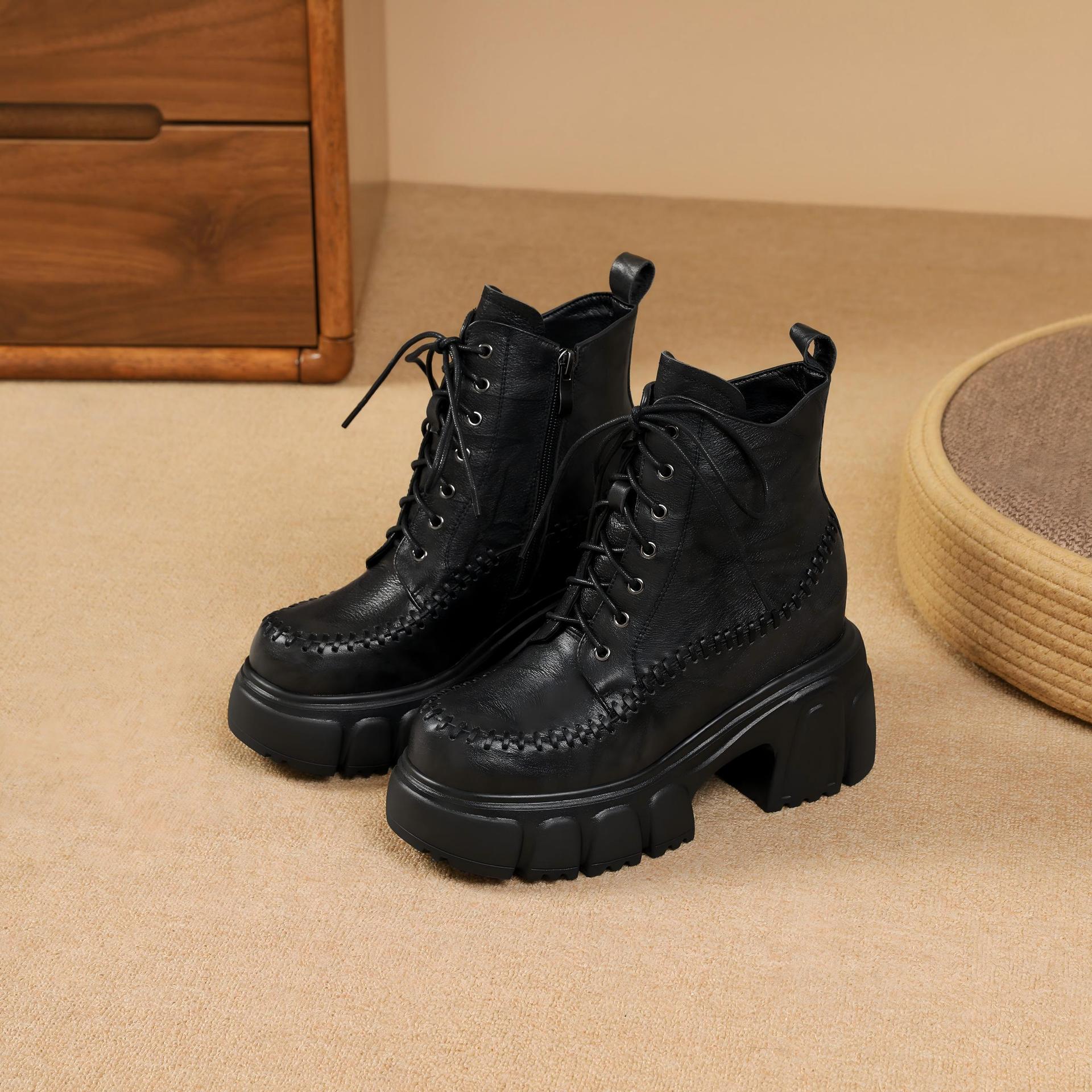 Boot nữ da thật cổ cao ôm bắp chân, đế dày 10 cm, phong cách cổ điển — Lớp lót nhung đen