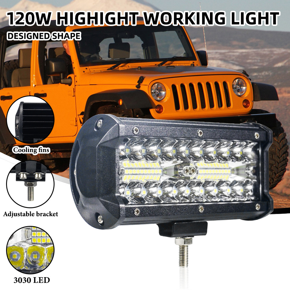 High-Brightness Three-Row 120W Work Light Spotlight Strip Light Car Off-Road Vehicle Motorcycle Front Bumper Modified Spotlight