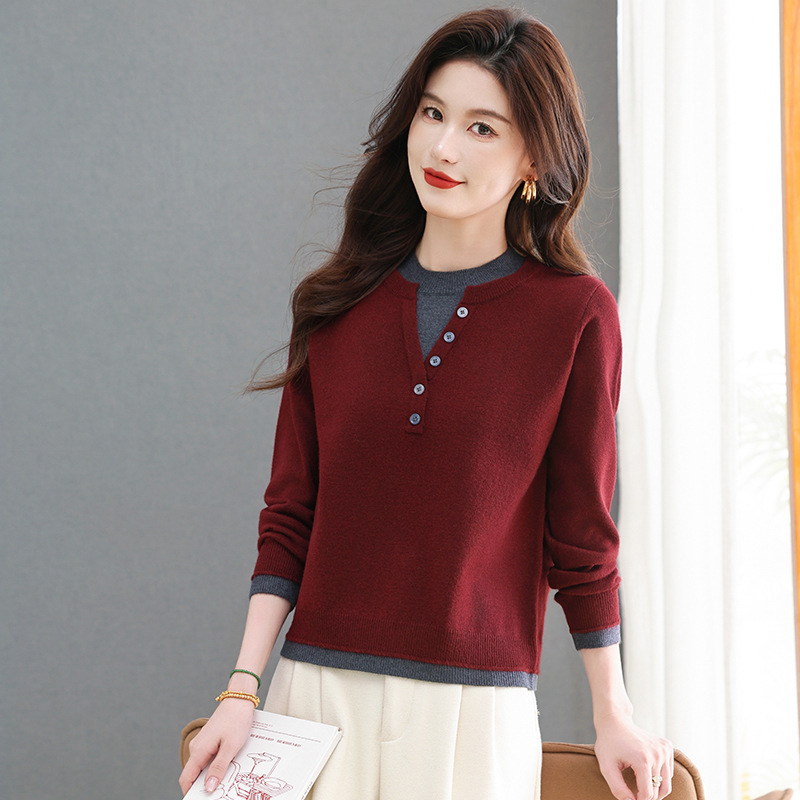 High-End Wool Knitwear Autumn and Winter Women's Round Neck Contrasting Color Loose Slimming Look Knitwear Fashionable Skin-Friendly Bottoming Shirt