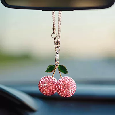 Cross-border cherry and strawberry car interior rhinestone pendants, car decoration accessories, car supplies pendants (Car hanging) - pink-cherry