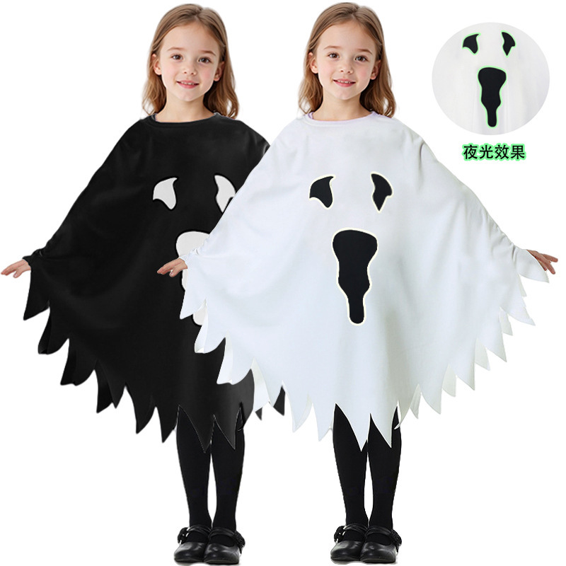 クロスボーダーハロウィン子供用コスチューム白黒発光ゴースト発光ゴーストフェイスマントショールパーティードレスアップコスチューム|undefined