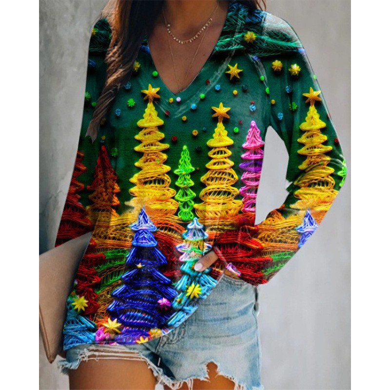 European and American 3D Digital Print Santa Claus Carrying a Package of Gifts, Versatile and Fashionable Women's V-Neck Long-Sleeved T-Shirt European and American 3D Digital Print Santa Claus Carrying a Package of Gifts, Versatile and Fashionable Women's V-Neck Long-Sleeved T-Shirt