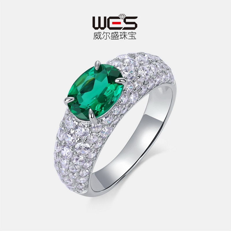 La moda europea y americana transfronteriza cultiva el anillo de esmeraldas femenino S925 con incrustaciones de plata para cultivar el tesoro de color anillo de diamantes completo personalizado de lujo ligero