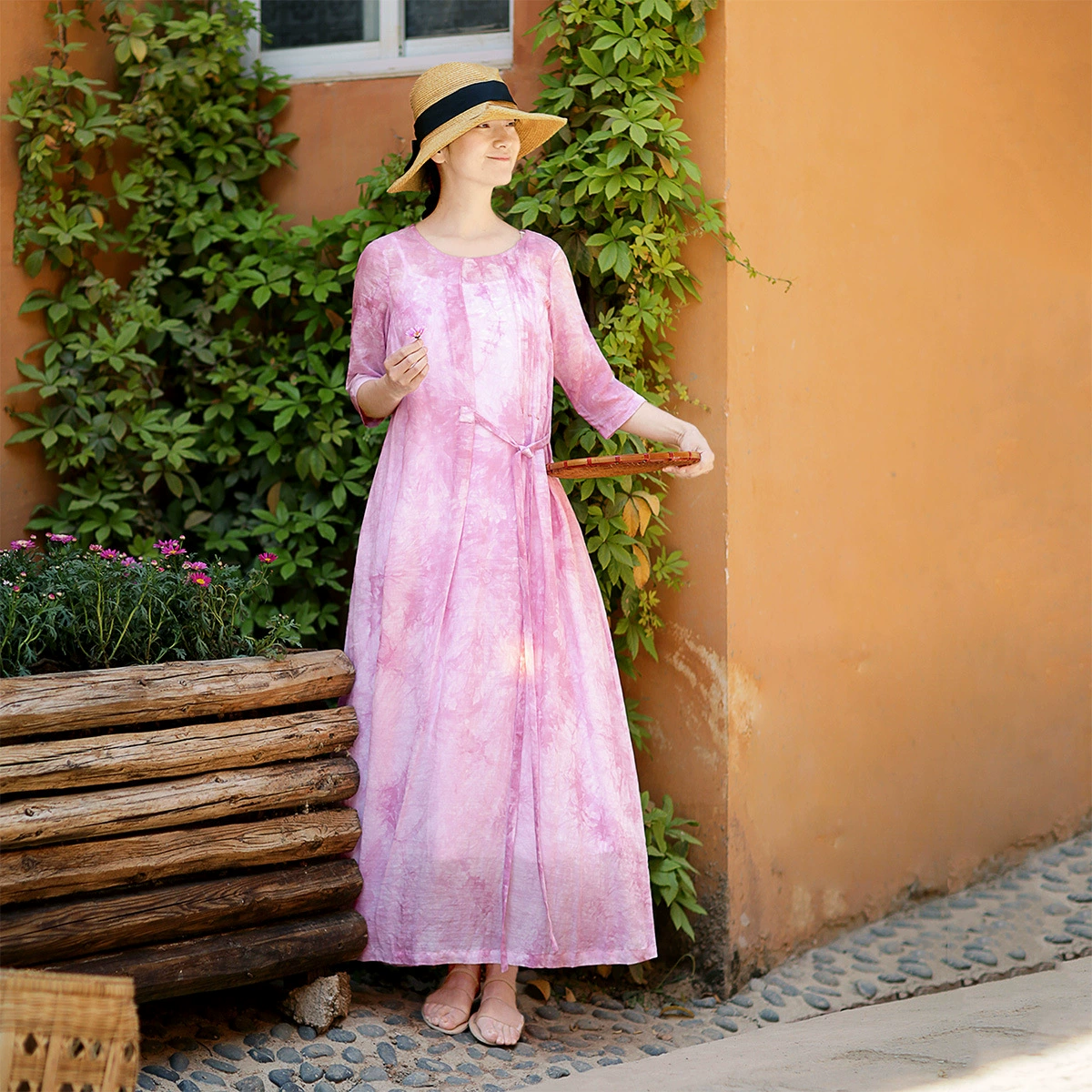 Новое оригинальное платье ручной работы Tie-Dye Цвет корня лотоса Шелковое пеньковое прозрачное длинное платье с круглым вырезом на лето