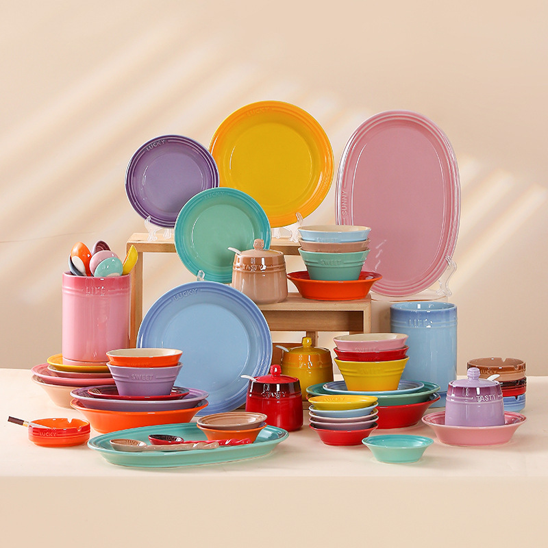 Colorful Bowl Dish Plate Ceramic Tableware Set Creative Home Housewarming Gift Fish Plate Rice Bowl Spoon Seasoning Jar Combination Colorful Bowl Dish Plate Ceramic Tableware Set Creative Home Housewarming Gift Fish Plate Rice Bowl Spoon Seasoning Jar Combination