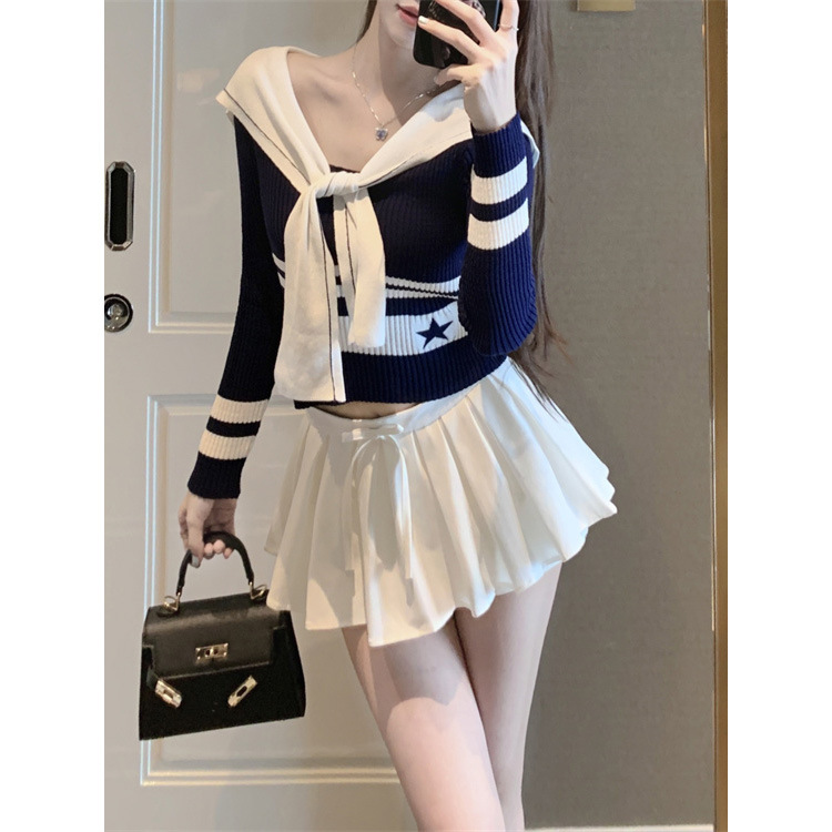 Navy Style Strap Contrast Color Slim-Fit Slimming Knitted Long-Sleeved Base Shirt 2024 Autumn and Winter New Short Spice Girl Top