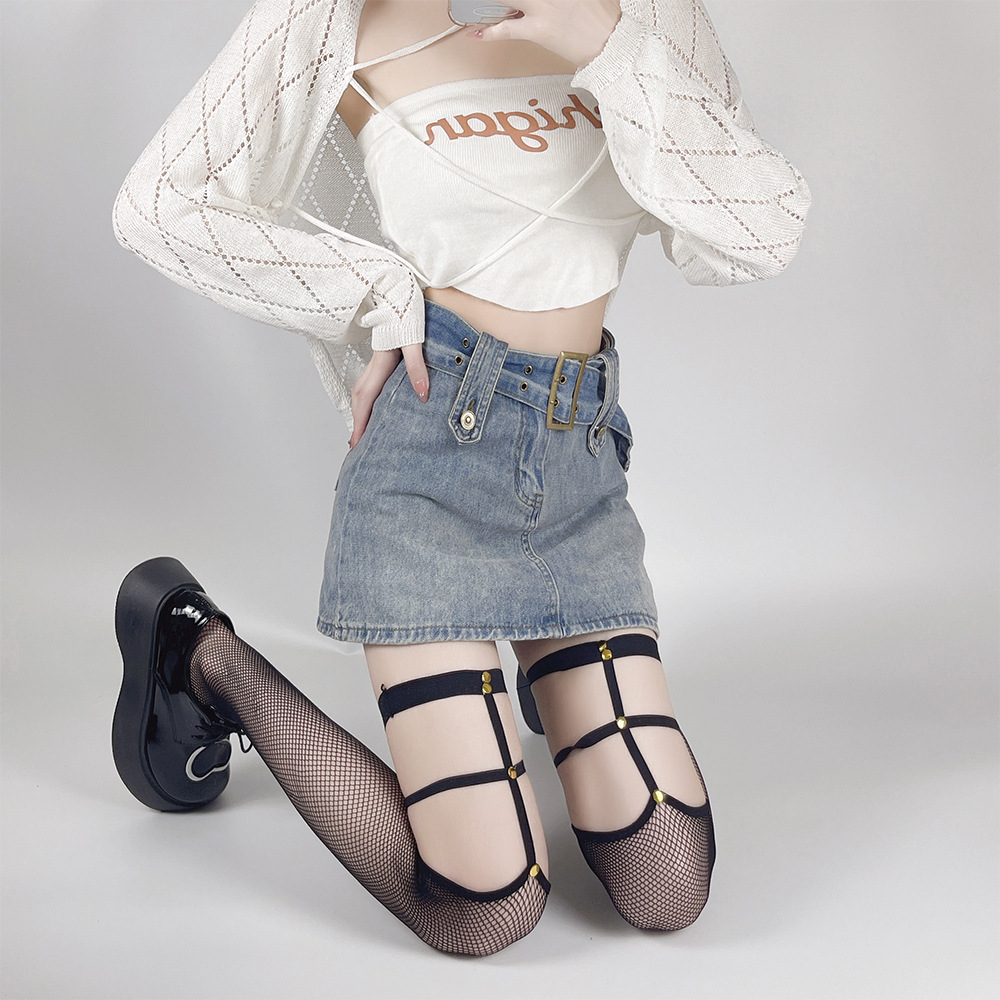 Pure Desire Style Dark Sexy Copper Buckle Strap High Stockings Hollow Fishnet Black Stockings Stockings JKGirl Harajuku