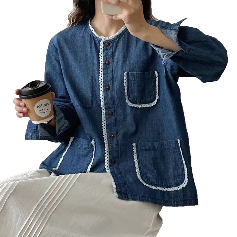 日韩蕾丝花边新款休闲宽松牛仔衬衫女设计感撞色花边牛仔|undefined