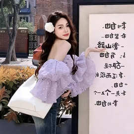 法式慵懒风泡泡袖紫色一字肩衬衫女夏季小马设计感小众小个子衬衣