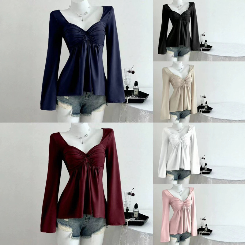 Cross-border SHEIN twisted V-neck bell-sleeve long-sleeve T-shirt for women, waist-cinching, figure-flattering babydoll top Cross-border SHEIN twisted V-neck bell-sleeve long-sleeve T-shirt for women, waist-cinching, figure-flattering babydoll top