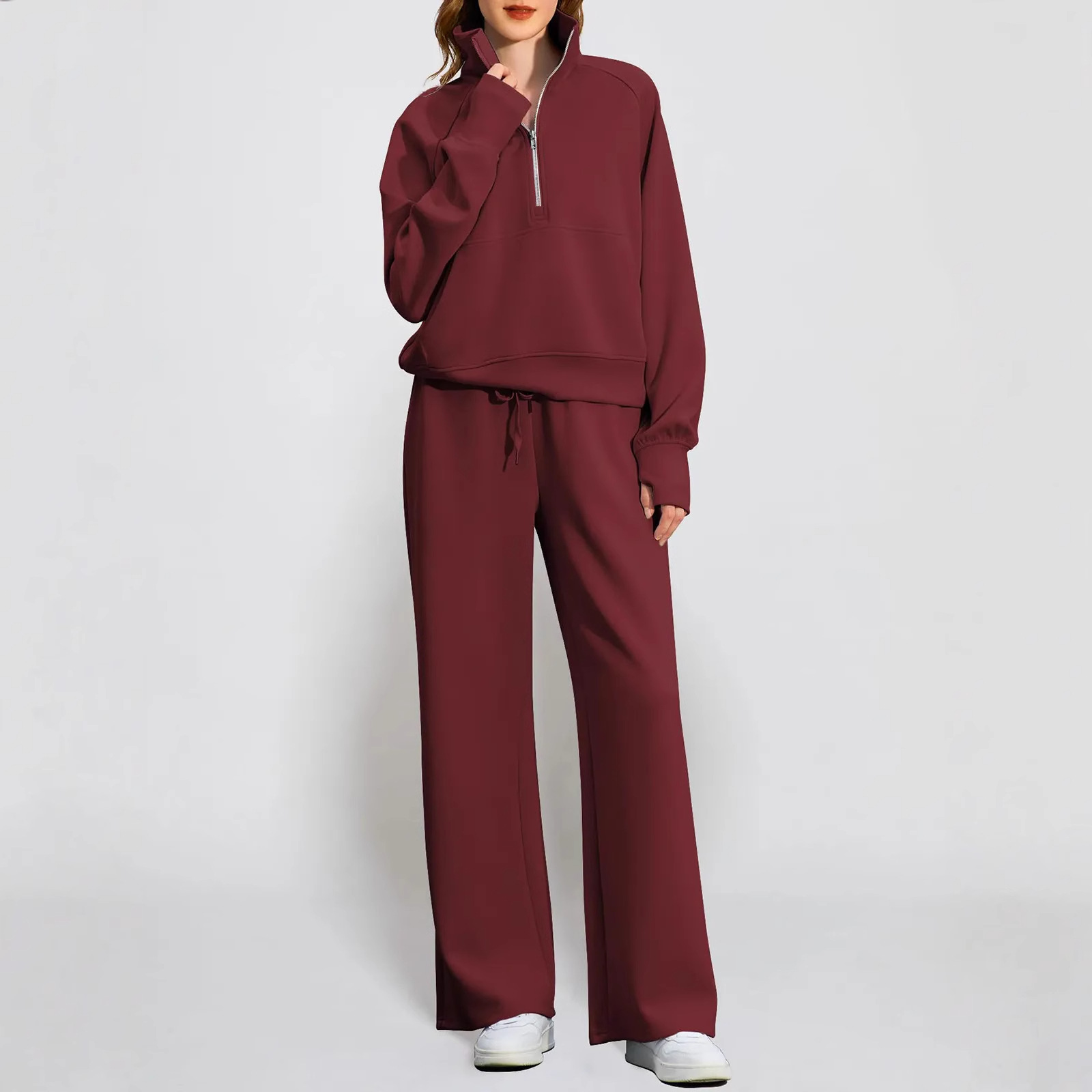 Autumn Winter Fashion Casual Sports Zipper Long Sleeve Sweatshirt Wide Leg Pants Two-Piece Set For Women_voghion.com