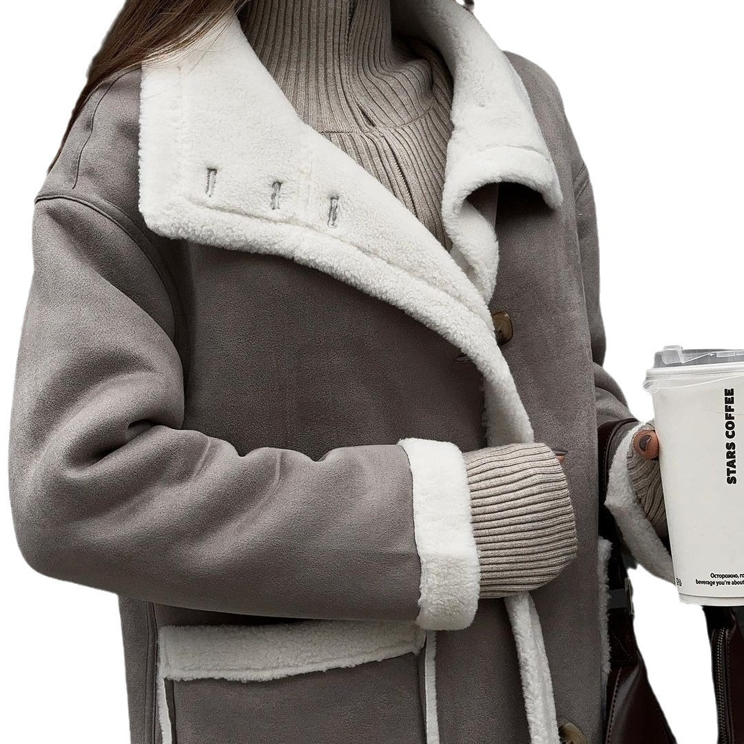 2023 European and American cross-border autumn and winter New patch bag gray and white color matching coat lapel one-piece woolen coat for wome_voghion.com
