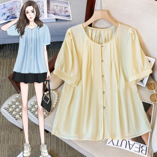 French Style Chiffon Short-Sleeved Shirt for Women Summer New Large Size Fat mm Loose Belly-Covering Baby Doll Shirt Slimming Look Top