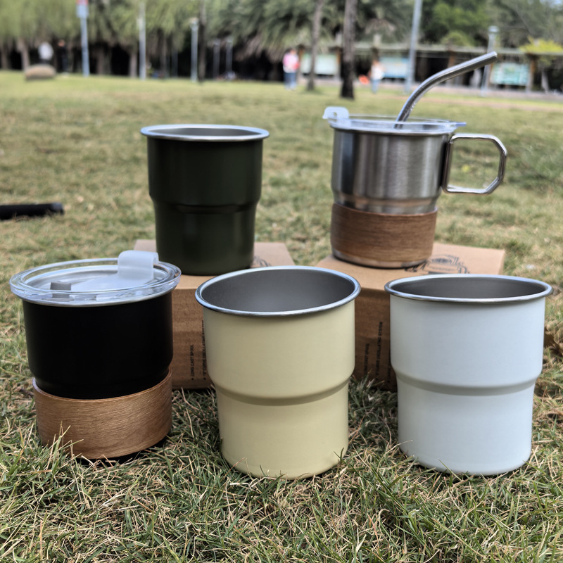 304不锈钢户外台阶杯 便携水杯折叠手柄旅行杯露营杯可印字杯子