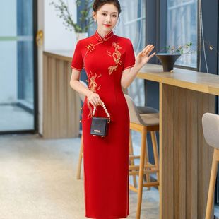 Embroidered Red Long Improved Cheongsam 2025 New Young Women's Retro Slim Classy Elegant Catwalk Summer