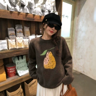 咖色提花套头厚毛衣女冬季宽松慵懒风内搭羊毛针织衫保暖上衣