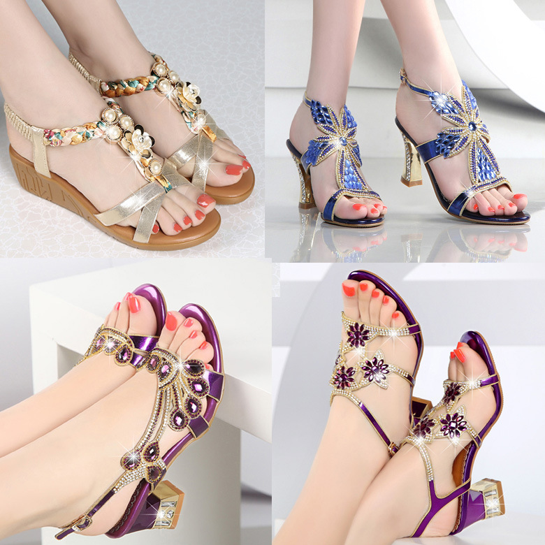 Rhinestone Sandals summer new pattern Middle heel Diamond Versatile With crude High-heeled shoes Large With slope Flat bottom Beach shoes