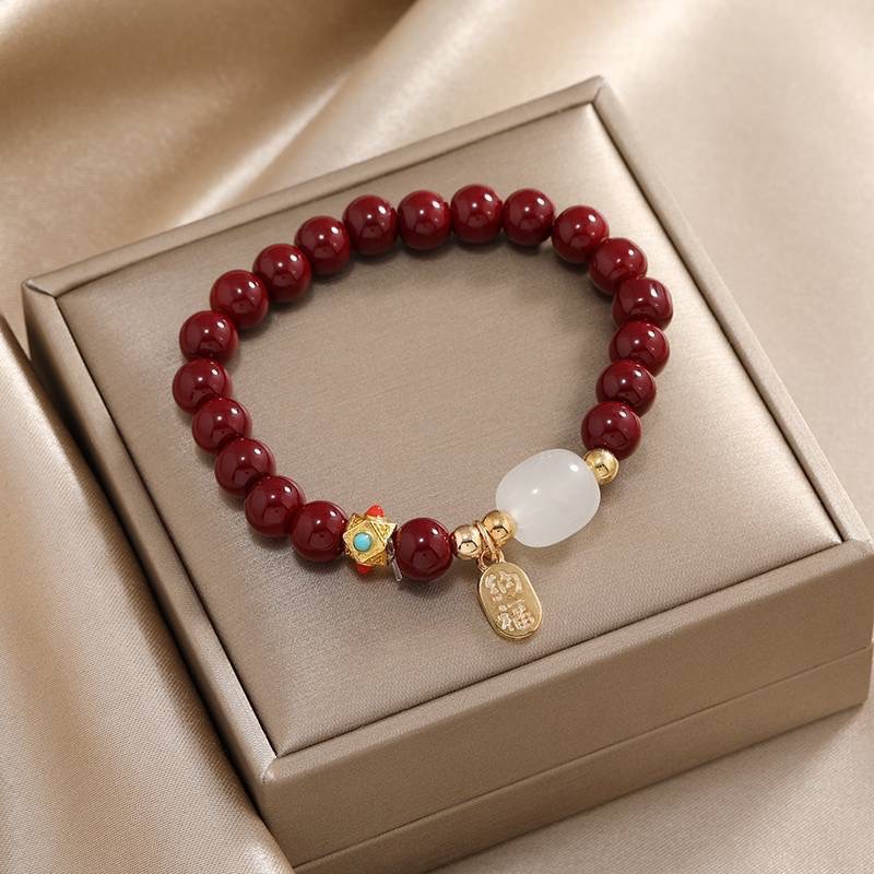 New Chinese Style High Imitation Cinnabar Bead Bracelet Niche Male and Female Couple Bracelet Birth Year Hetian Jade Wholesale Bracelet