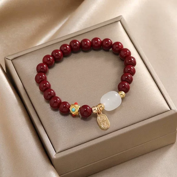 New Chinese Style High Imitation Cinnabar Bead Bracelet Niche Male and Female Couple Bracelet Birth Year Hetian Jade Wholesale Bracelet
