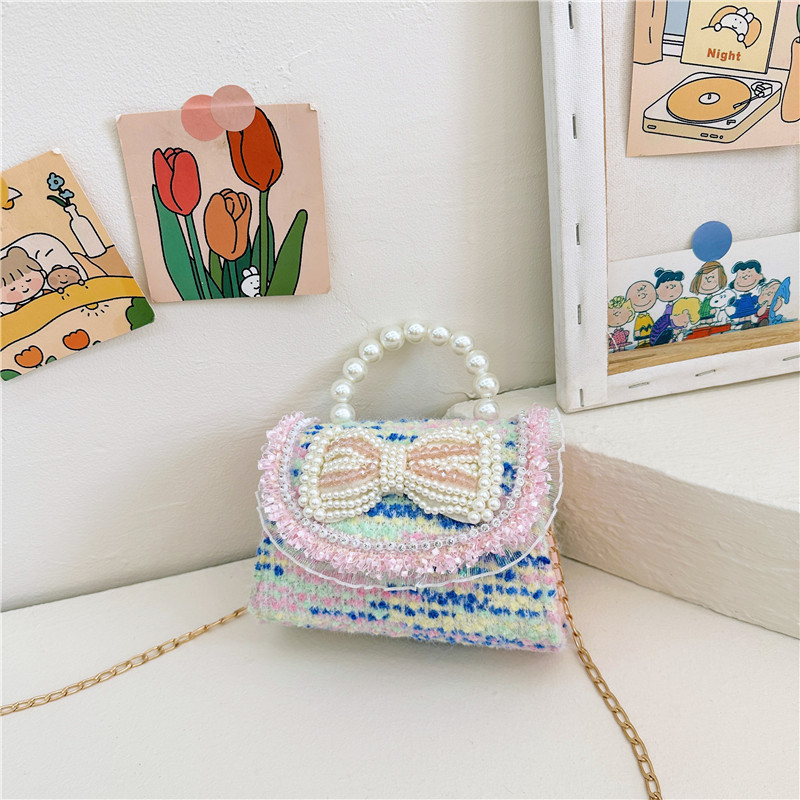 Colorido lentejuelas de los niños bolsa arco accesorios princesa estilo occidental perla bolso coreano mini cadena mensajero bolsa