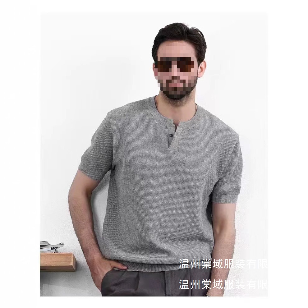 2025年菠萝纹针法肌理感休闲简约男士时尚亨利领T恤纯色打底批发
